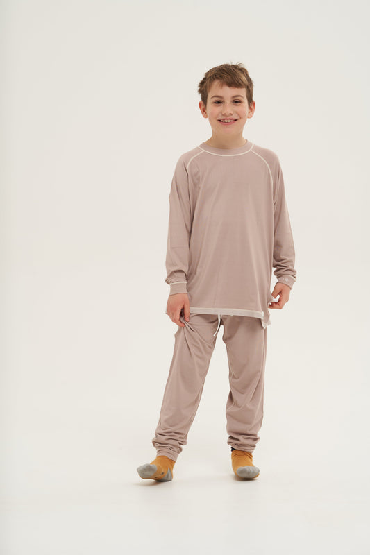 Loungewear Kids Package - Long Sleeve Round Neck Shirt with Long Pant (Unisex, Tan)
